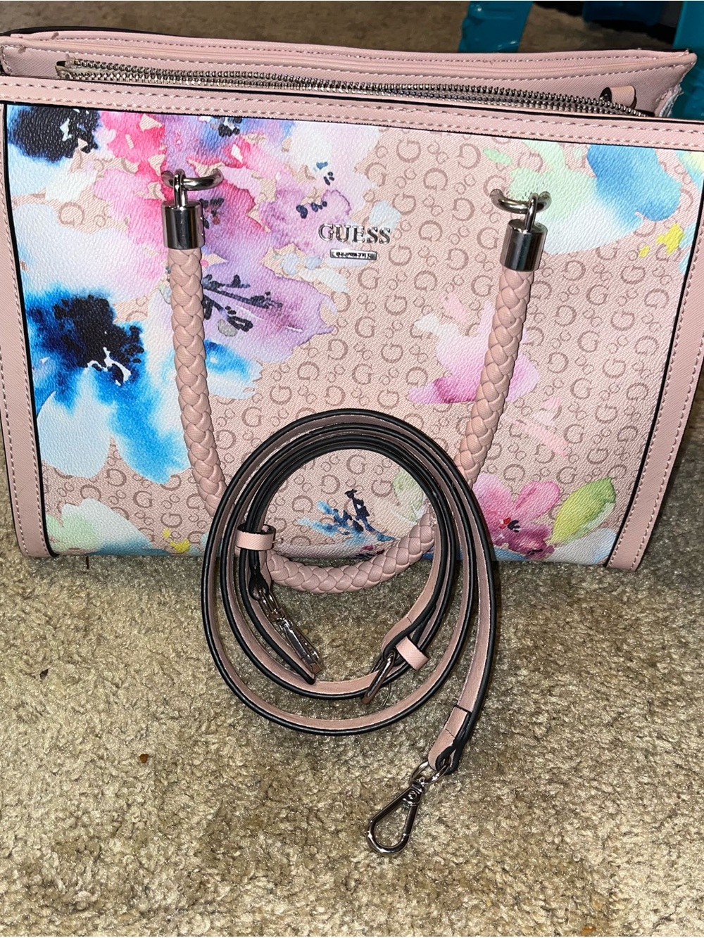 GUESS Pink Floral Monogram Satchel with Braided Handles